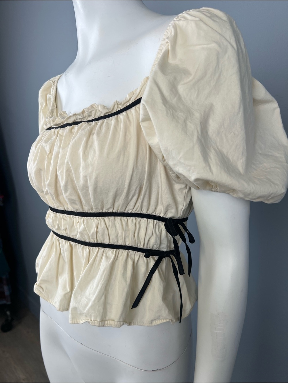 Women’s 100% Cotton Puff Sleeve Peplum Top with Black Trim Bow Ties on Sides
